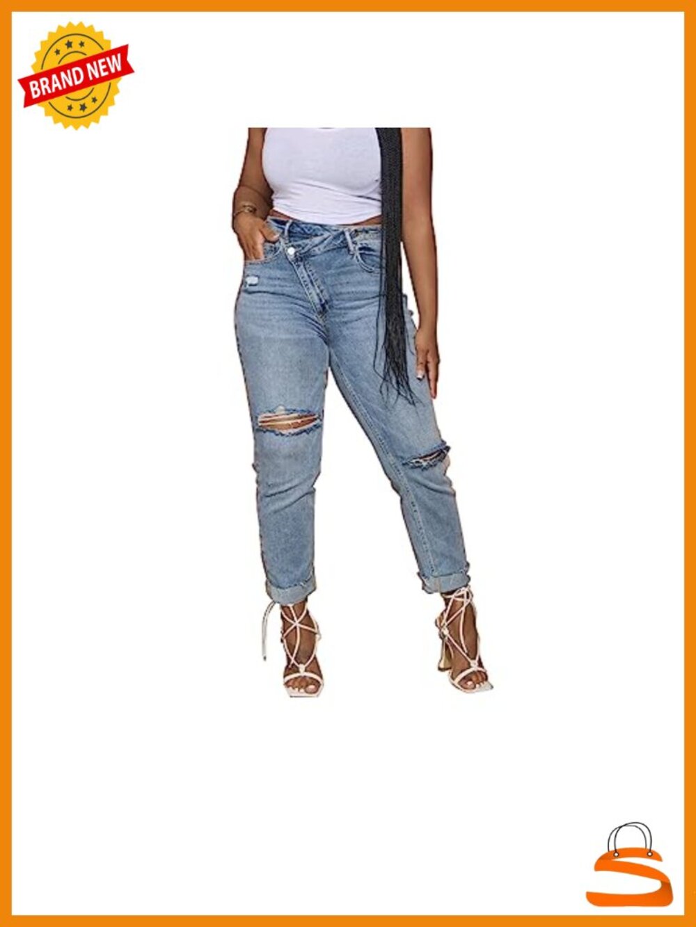 Ripped Boyfriend Jeans Stretchy Denim Pants Distressed Mid Rise Skinny Jeans